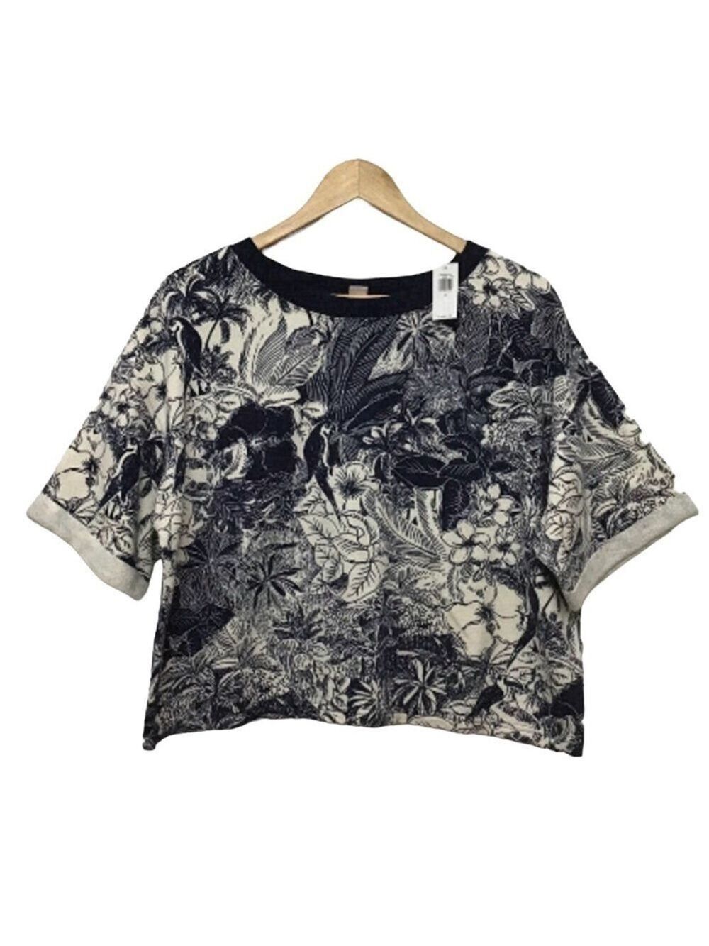 2/40$ BOXY Old Navy crop sweater top oversiz ecru blue floral short sleeve Mediu